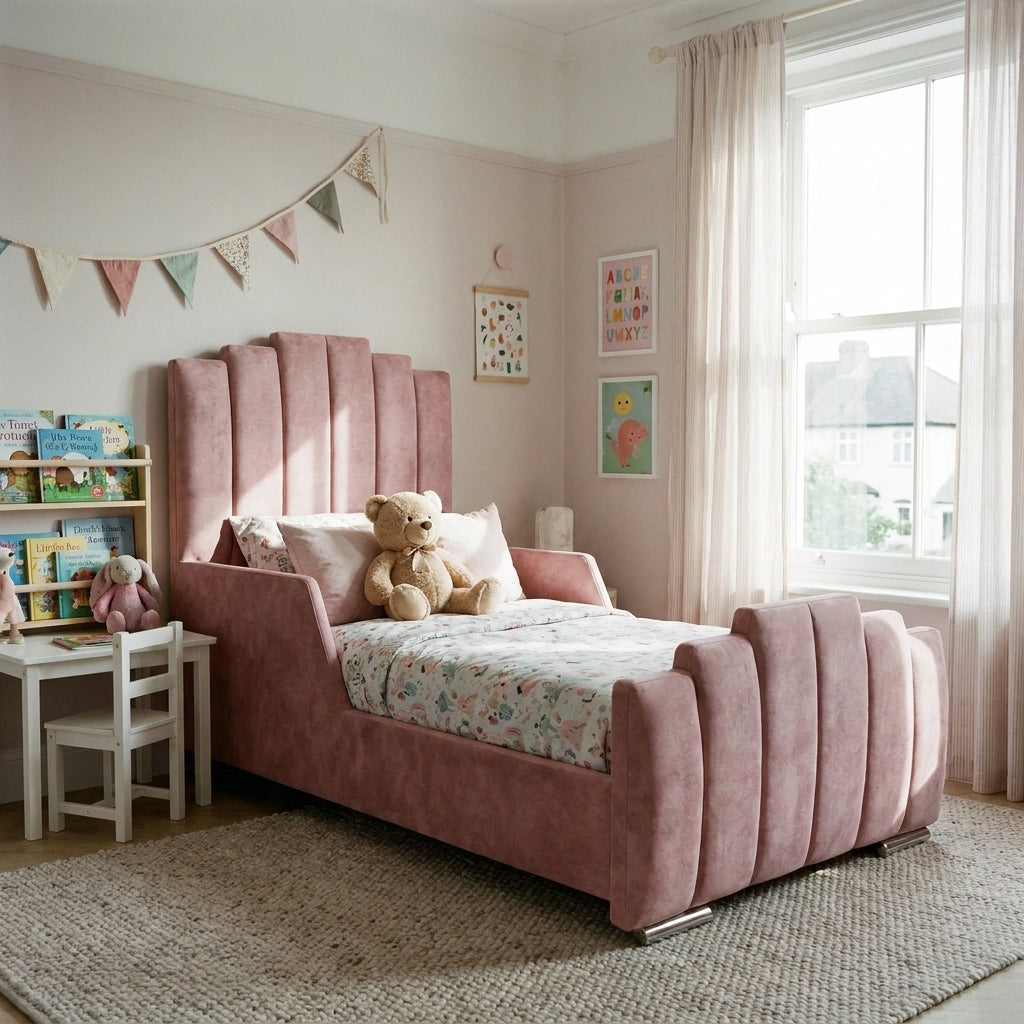 Jasmin kids bed in pink velvet in a girl's bedroom